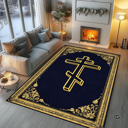Personalized Orthodox Christian Area Rug, Custom Eastern Orthodox Russian Greek Byzantine Non-Slip Rug for Women Men, IC XC Nika Cross Mat for Living Room, Bedroom, Church Decor (D1)
