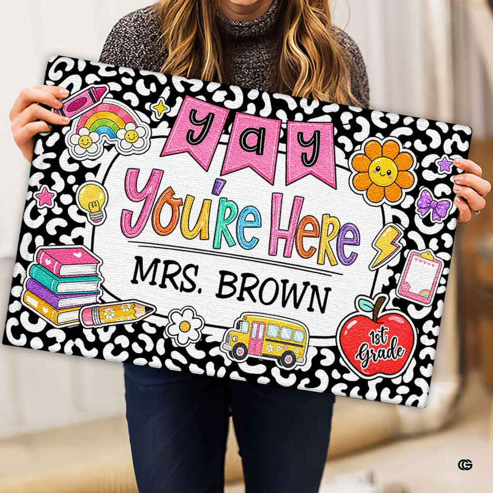 Personalized Cheerful School Themed Welcome Doormat, Non-Slip Backing