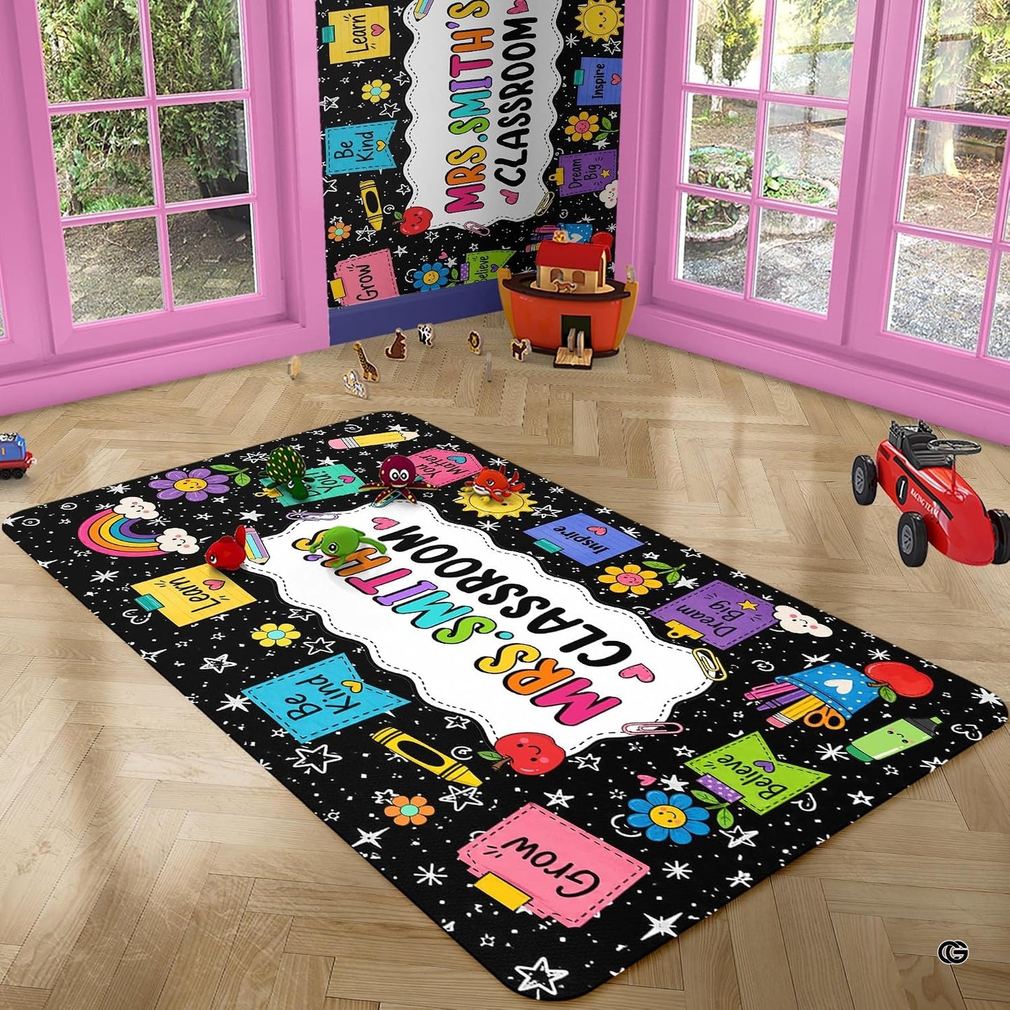 Personalized Teacher Classroom Rug, Custom Back to School Welcome Mat with Name, Kindergarten Preschool Elementary Decor, Composition Notebook Carpet (A04)