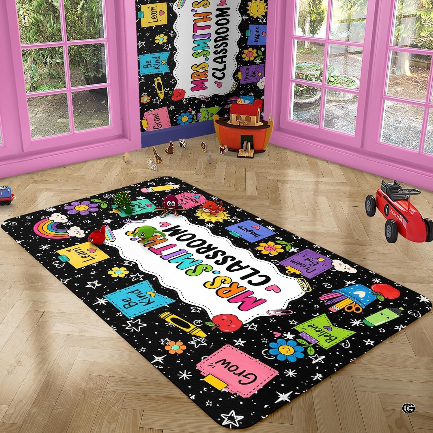 Personalized Teacher Classroom Rug, Custom Back to School Welcome Mat with Name, Kindergarten Preschool Elementary Decor, Composition Notebook Carpet (A04)
