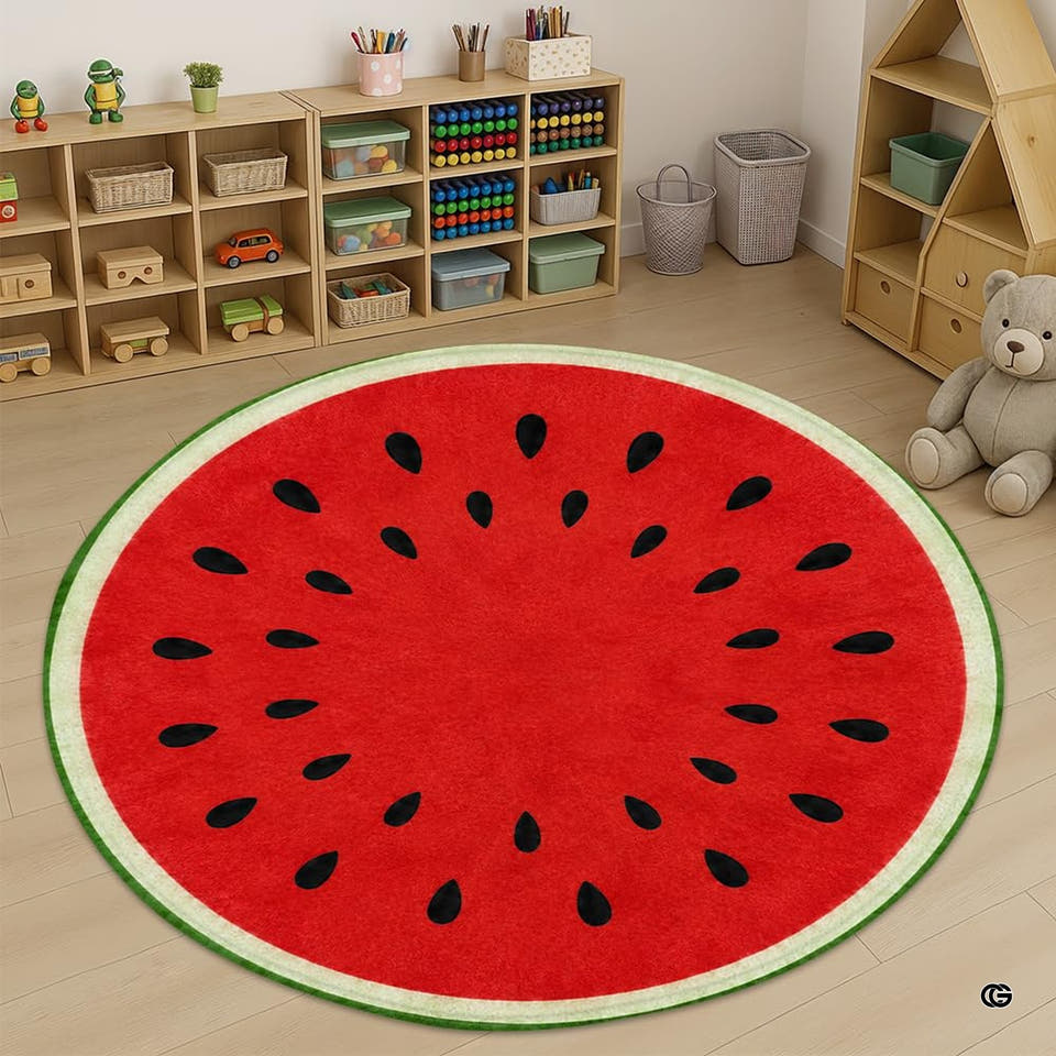 Round watermelon slice rug in a bright nursery