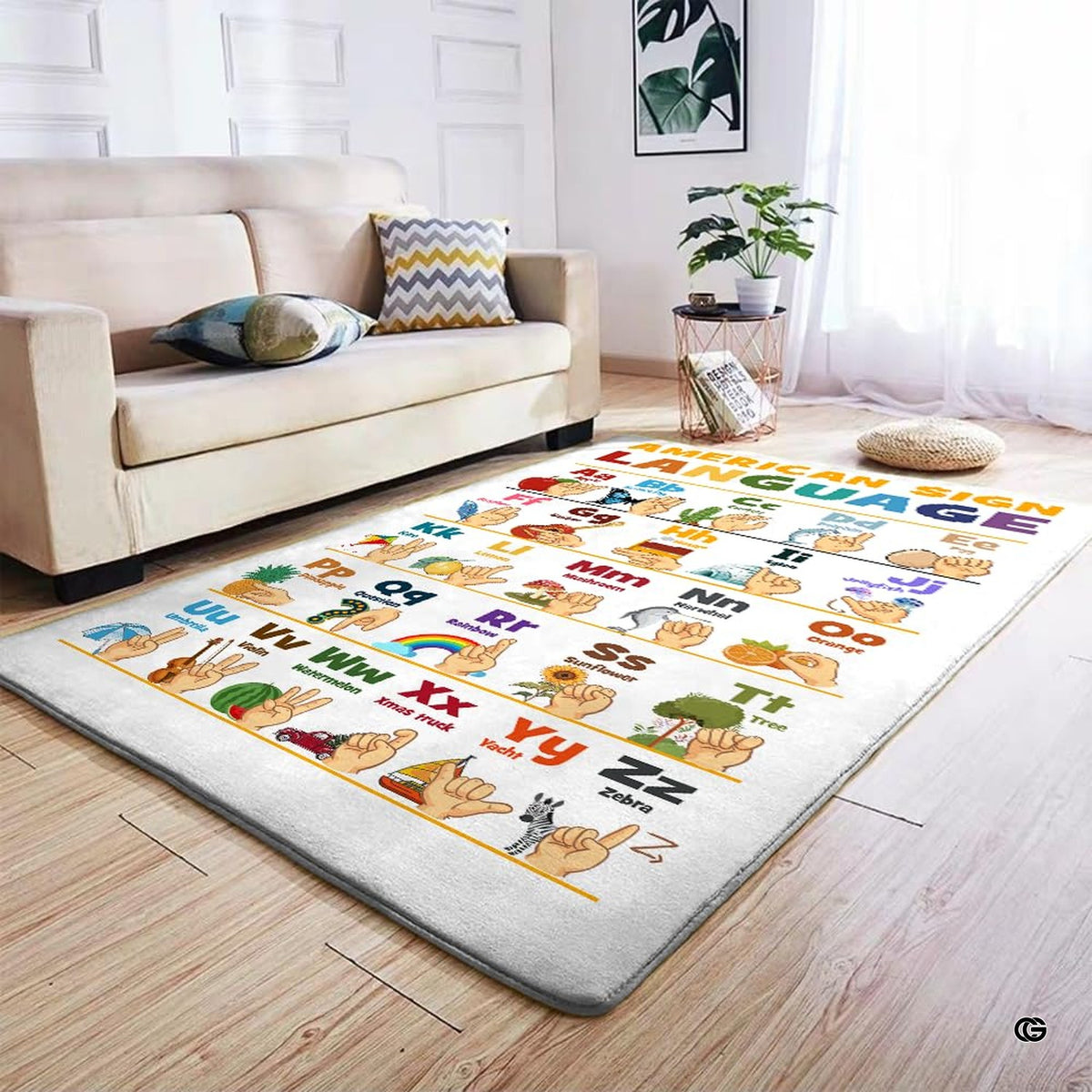 Sign language educational rug styled in colorful preschool classroom.