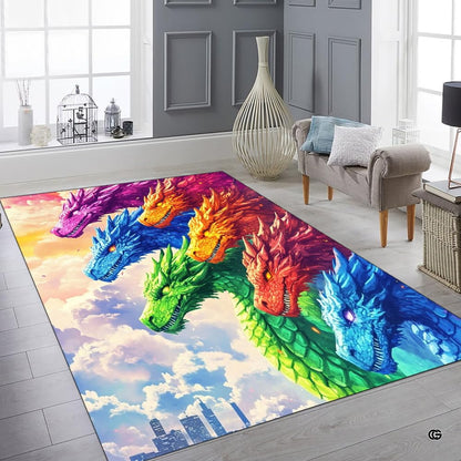 Vibrant area rugs 8x10 format concept displaying colorful fantasy dragons arranged in an open lounge - thumbnail image 6 of 8
