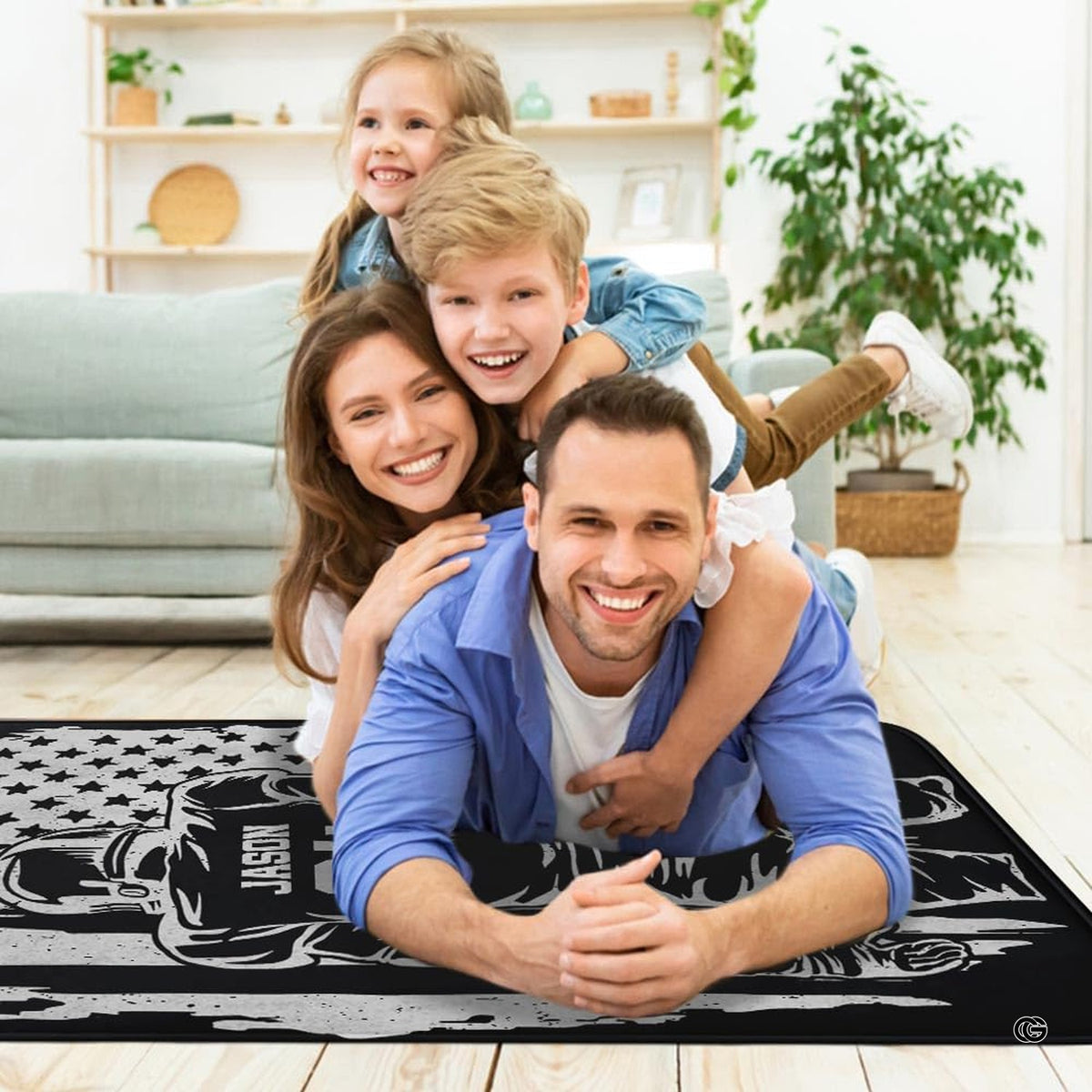 Sports fan cave layout displaying the patriotic football rug on hardwood flooring