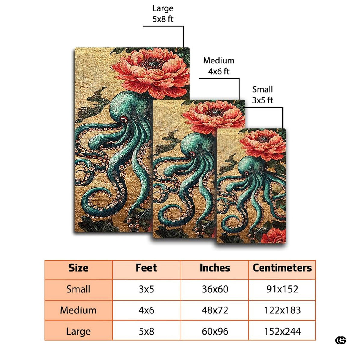 Dimensions and sizing chart for mosaic teal octopus floral living room area rug