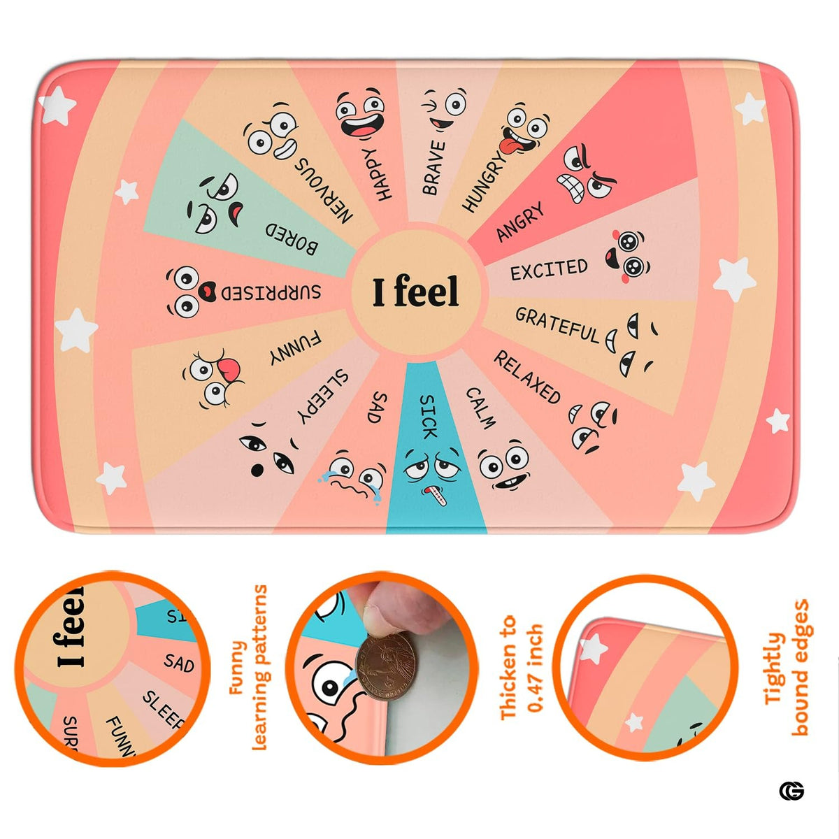 Circular mood chart area rug styled in a modern room with pastel interior decor.