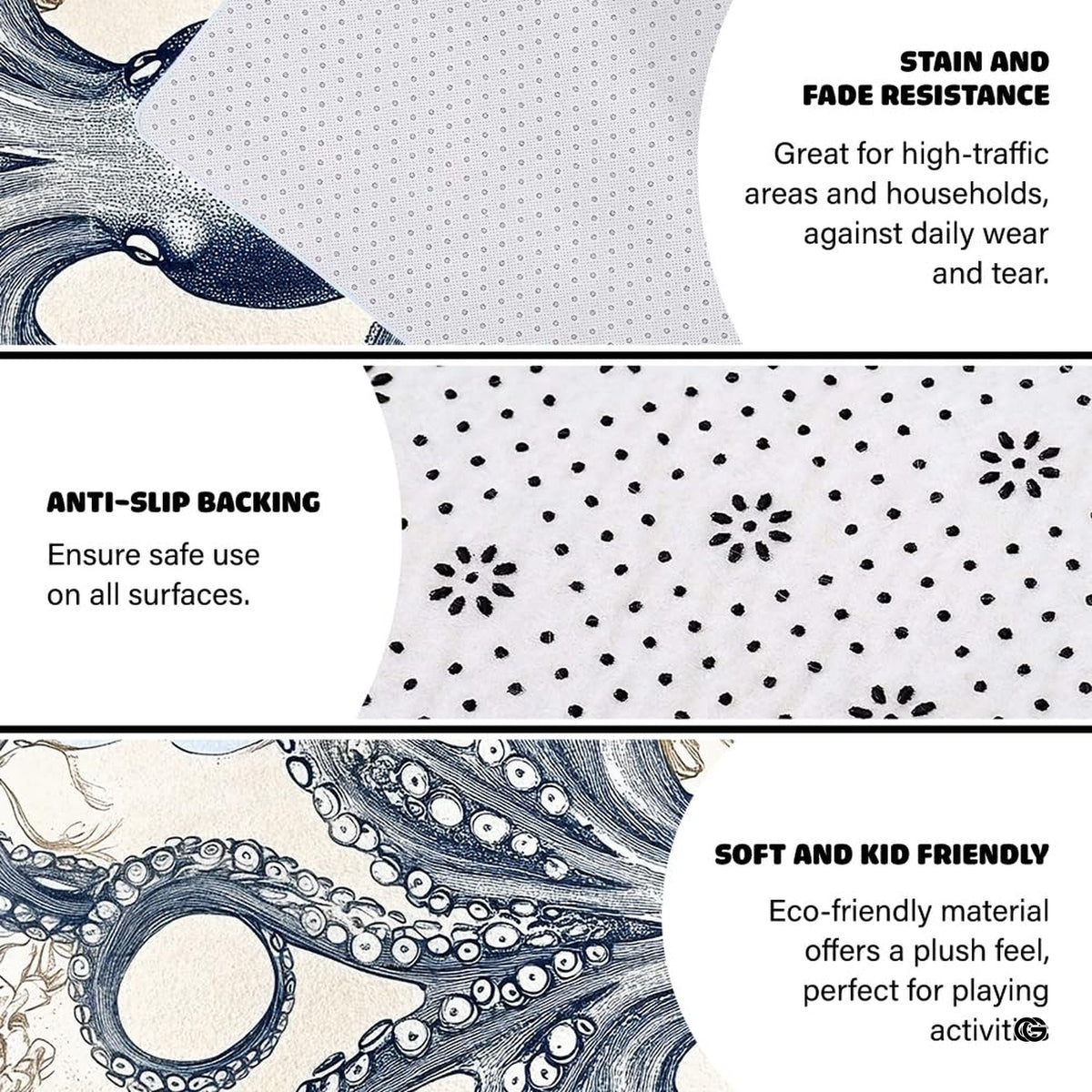 Close up texture detail showing soft pile surface and stitching of octopus area rug.