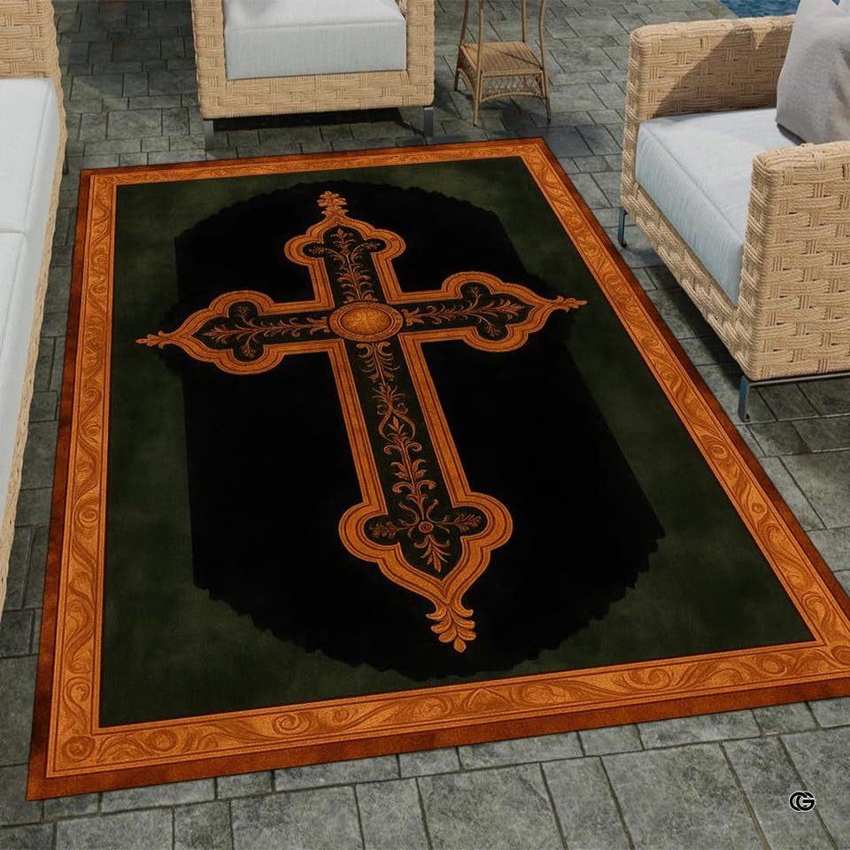 Ornate gilded cross area rug with filigree scrollwork on dark green and black background