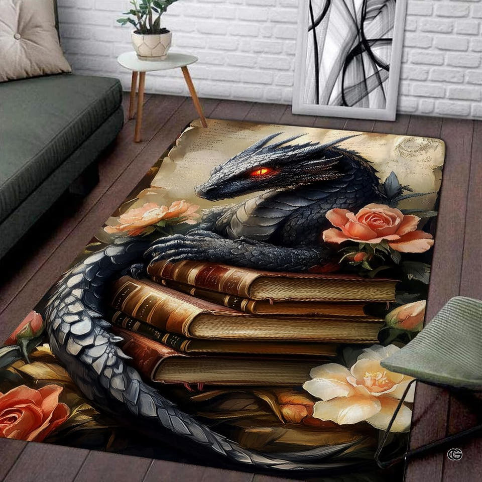 Fantasy gothic library rug showing an amber-eyed black dragon perched over antique leather books and peach roses.