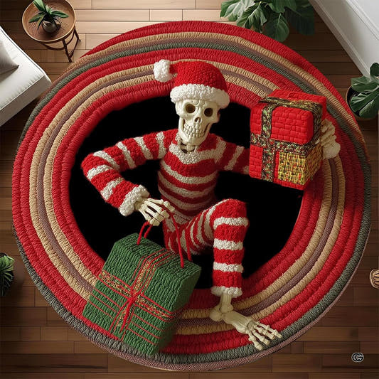 Round Christmas skeleton rug with striped outfit and wrapped gifts