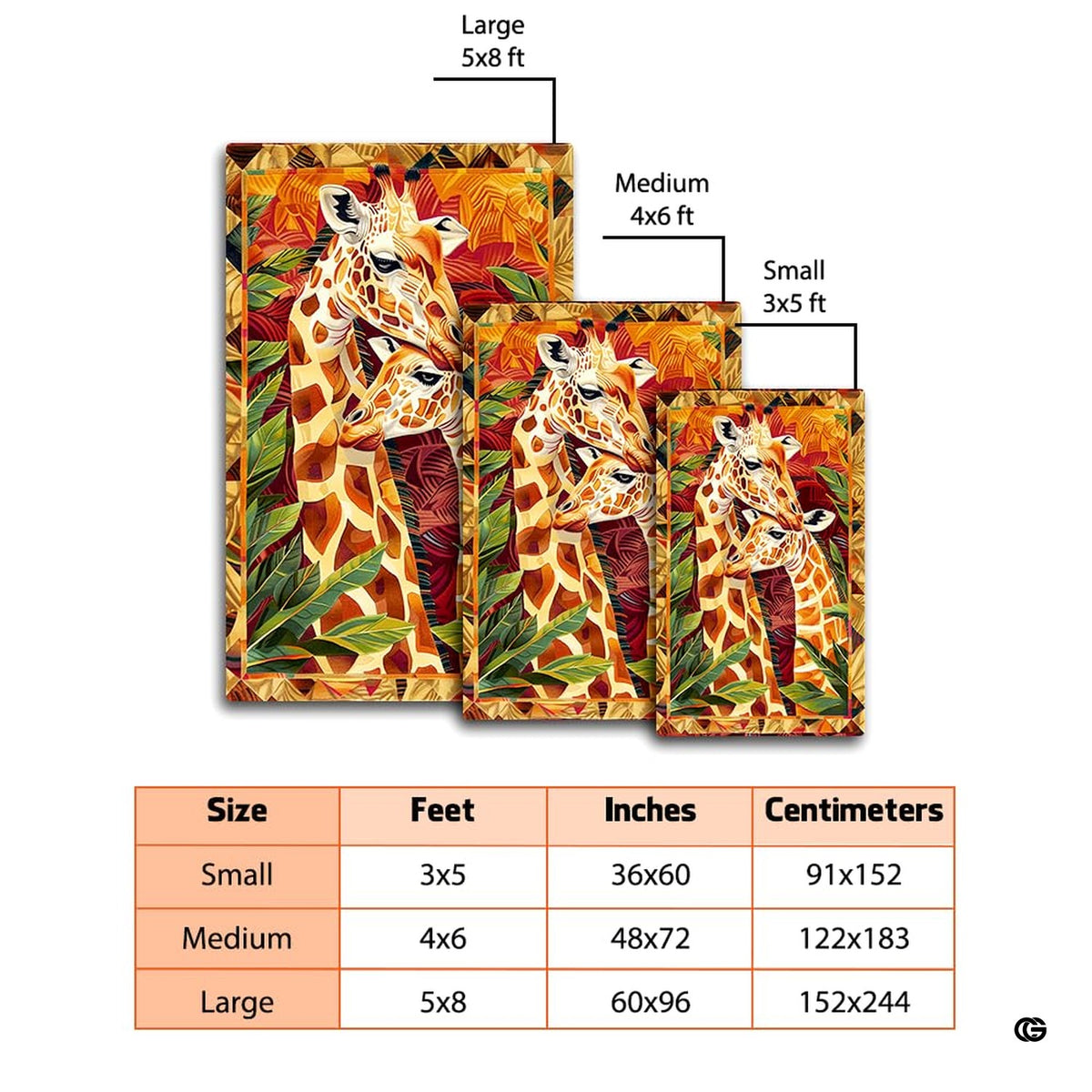 Overhead floor layout view of the warm golden savanna giraffe couple area rug - image 7 of 7