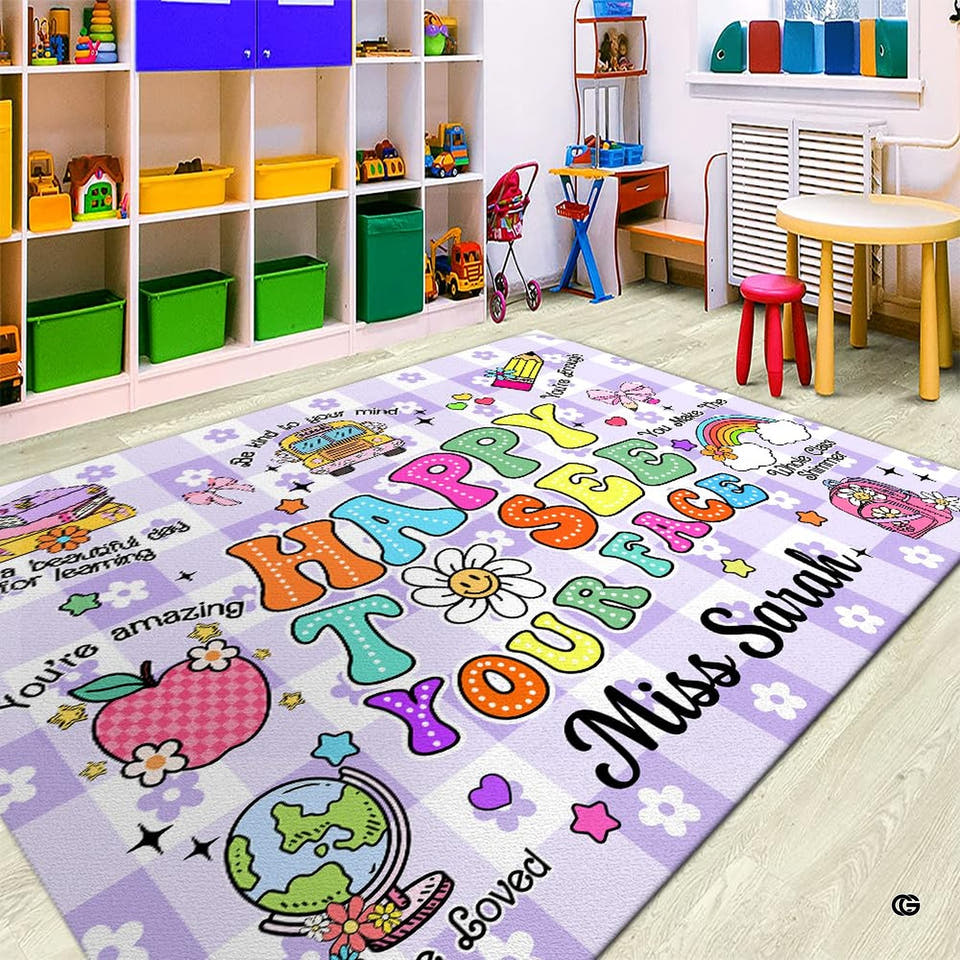 Full view of retro motivational Classroom Area Rug featuring pastel checkered thematic accent, rainbows, and colorful badges.