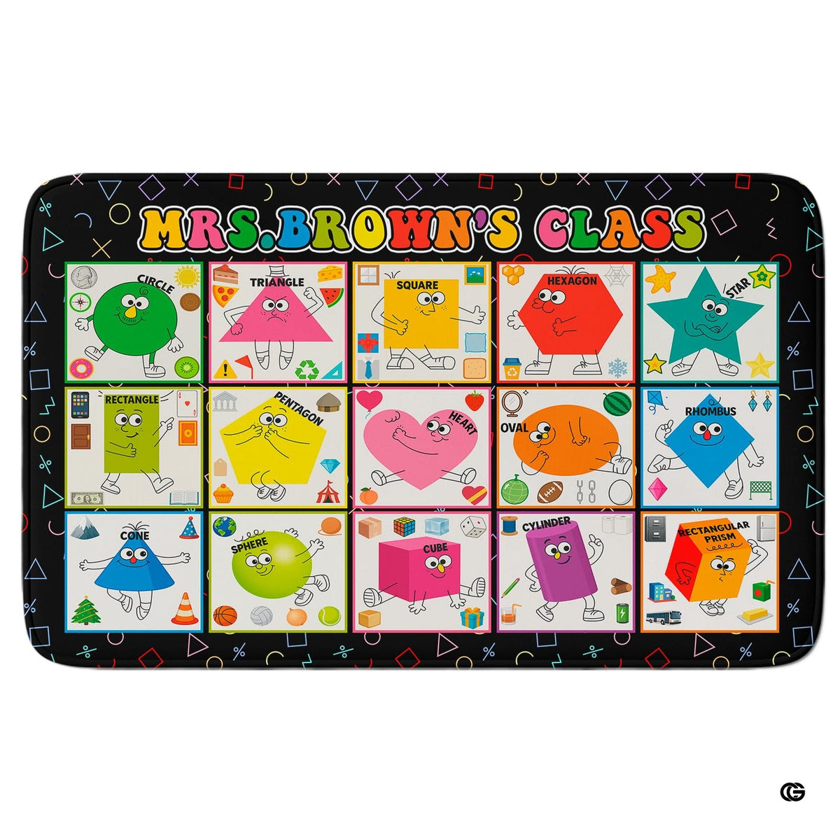 Classroom floor setting featuring an educational geometric shapes chart area rug on wood flooring - image 1 of 9