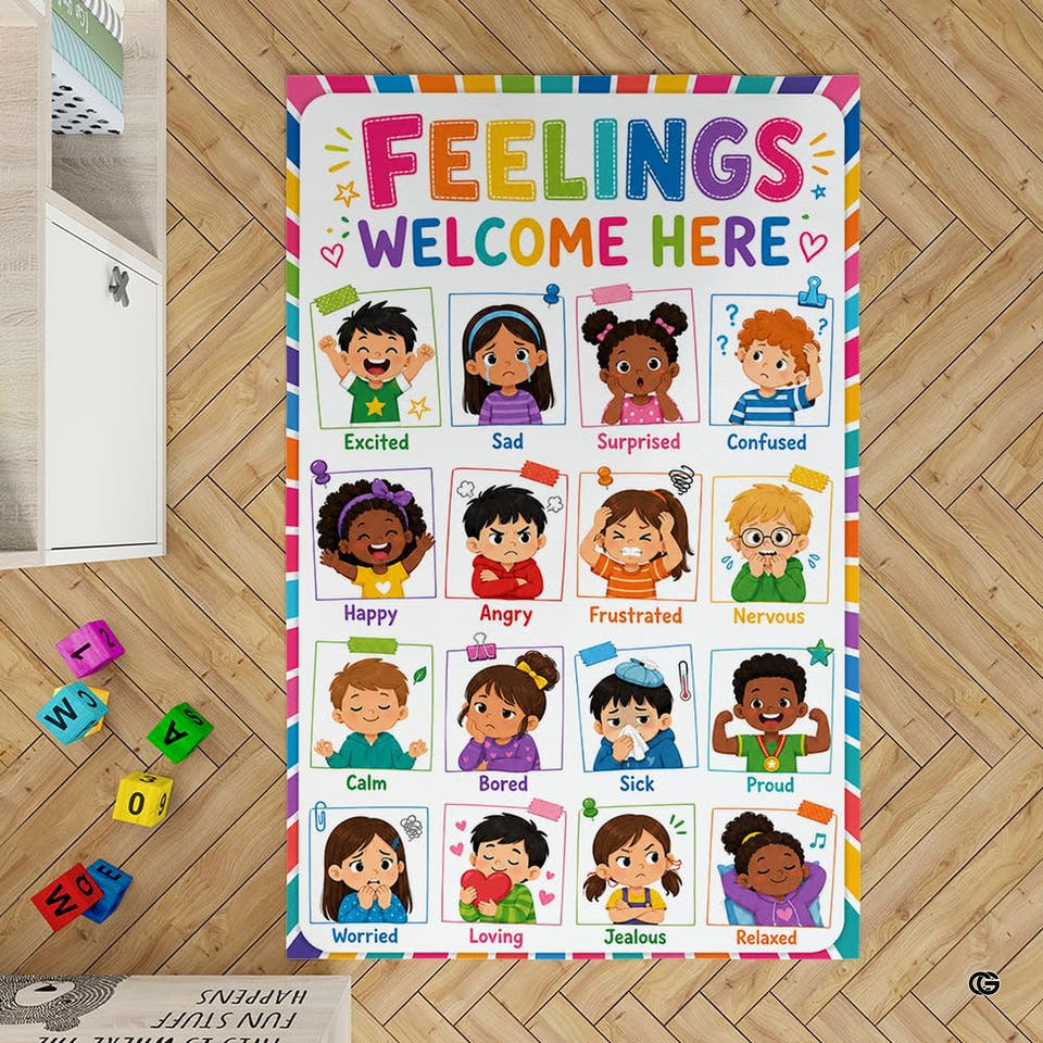 Overhead view of kids quiet corner area rug featuring pastel cards and rainbow stripes.