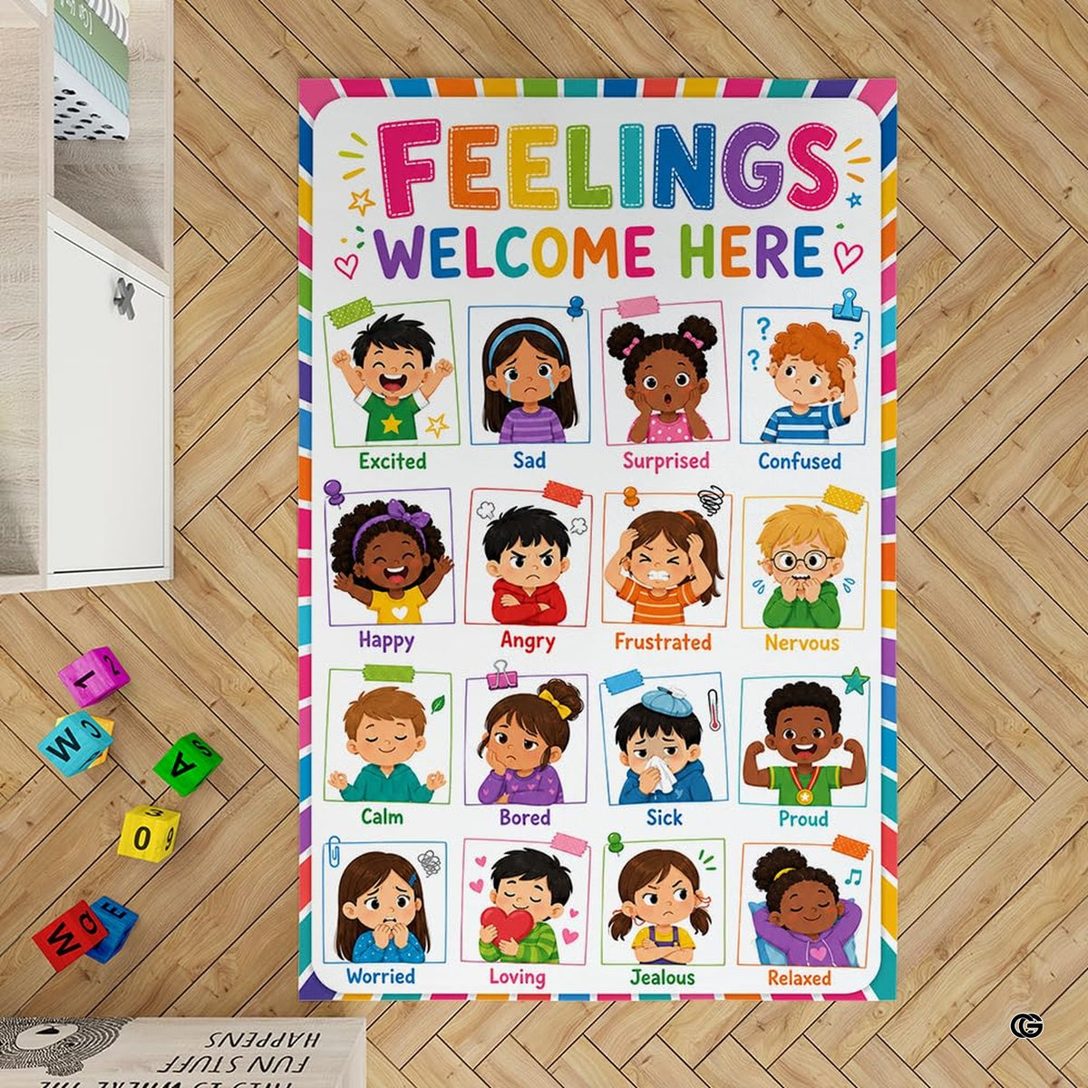 Overhead view of kids quiet corner area rug featuring pastel cards and rainbow stripes. - image 2 of 7