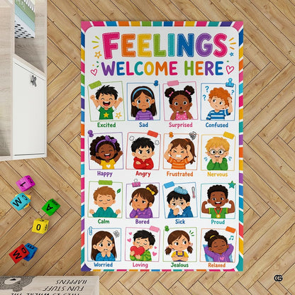 Overhead view of kids quiet corner area rug featuring pastel cards and rainbow stripes. - thumbnail image 2 of 7