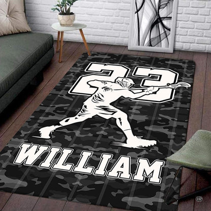 Monochrome lacrosse player graphic with jersey number 23 on an athletic sports area rug. - thumbnail image 1 of 9