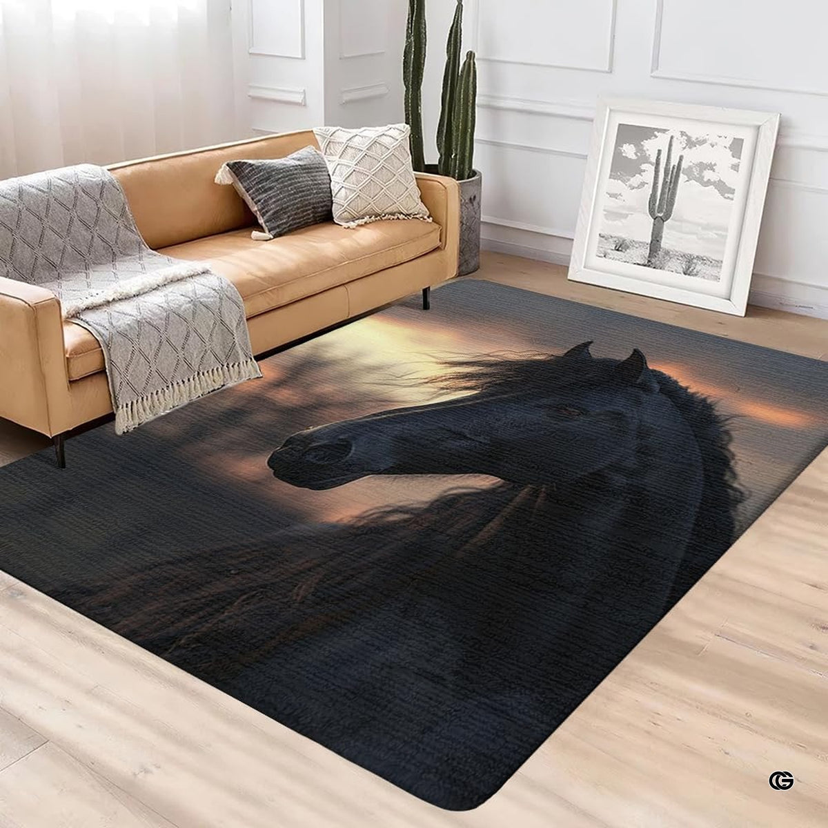 Black Friesian stallion area rug styled on hardwood flooring in living room. - image 4 of 5