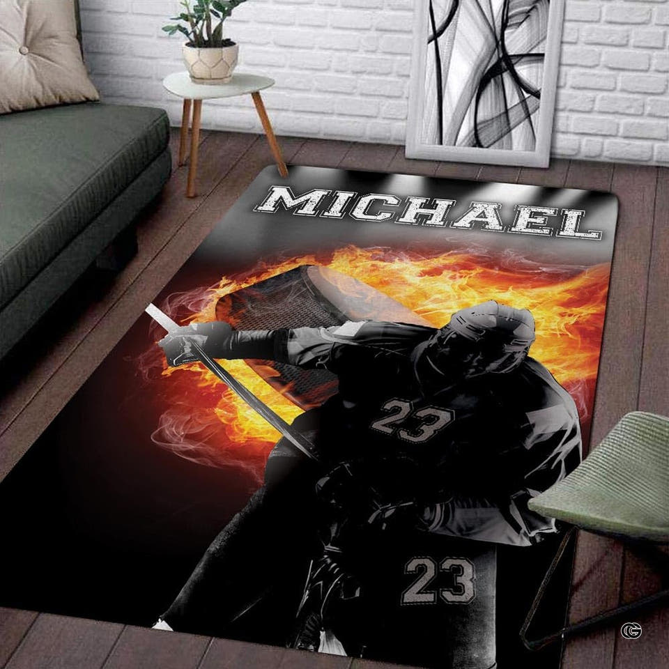 Custom ice hockey player living room area rug with flaming puck and fiery embers