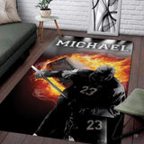 Custom ice hockey player living room area rug with flaming puck and fiery embers