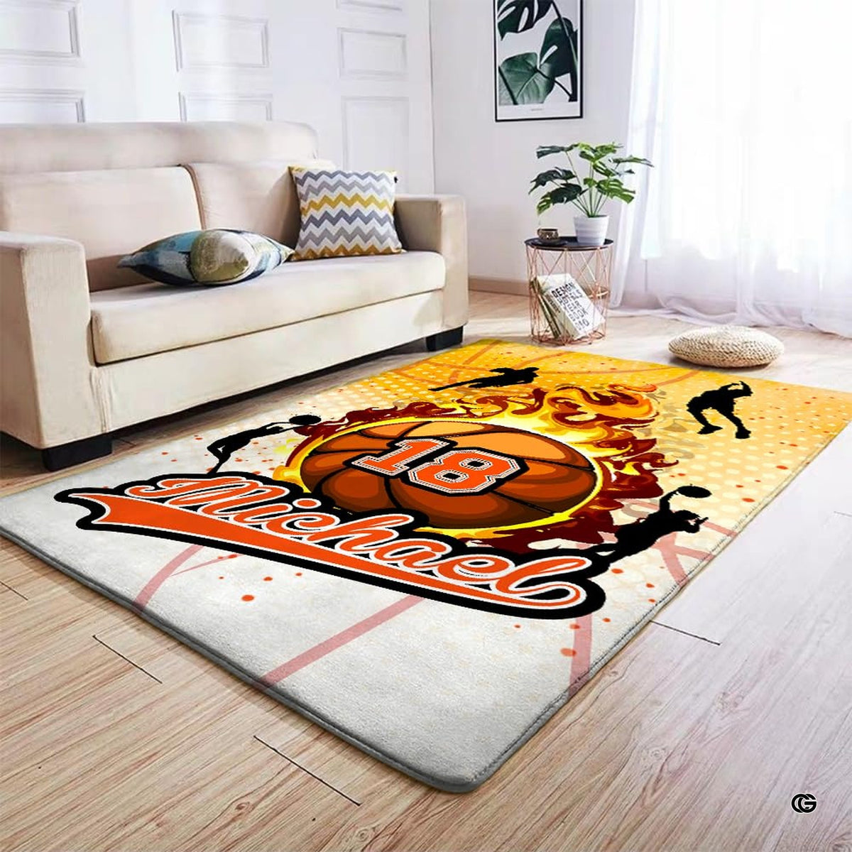 Flaming basketball area rug styled on hardwood floor in modern living room setting.