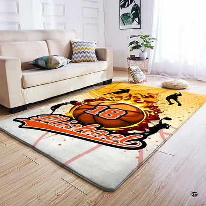Flaming basketball area rug styled on hardwood floor in modern living room setting. - thumbnail image 4 of 7