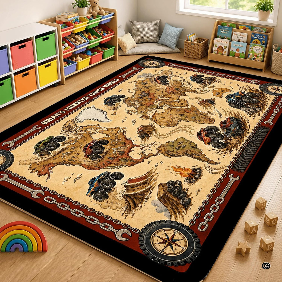 Detailed section showing giant wheel compass rose and tire tracks on a colorful floor matt.