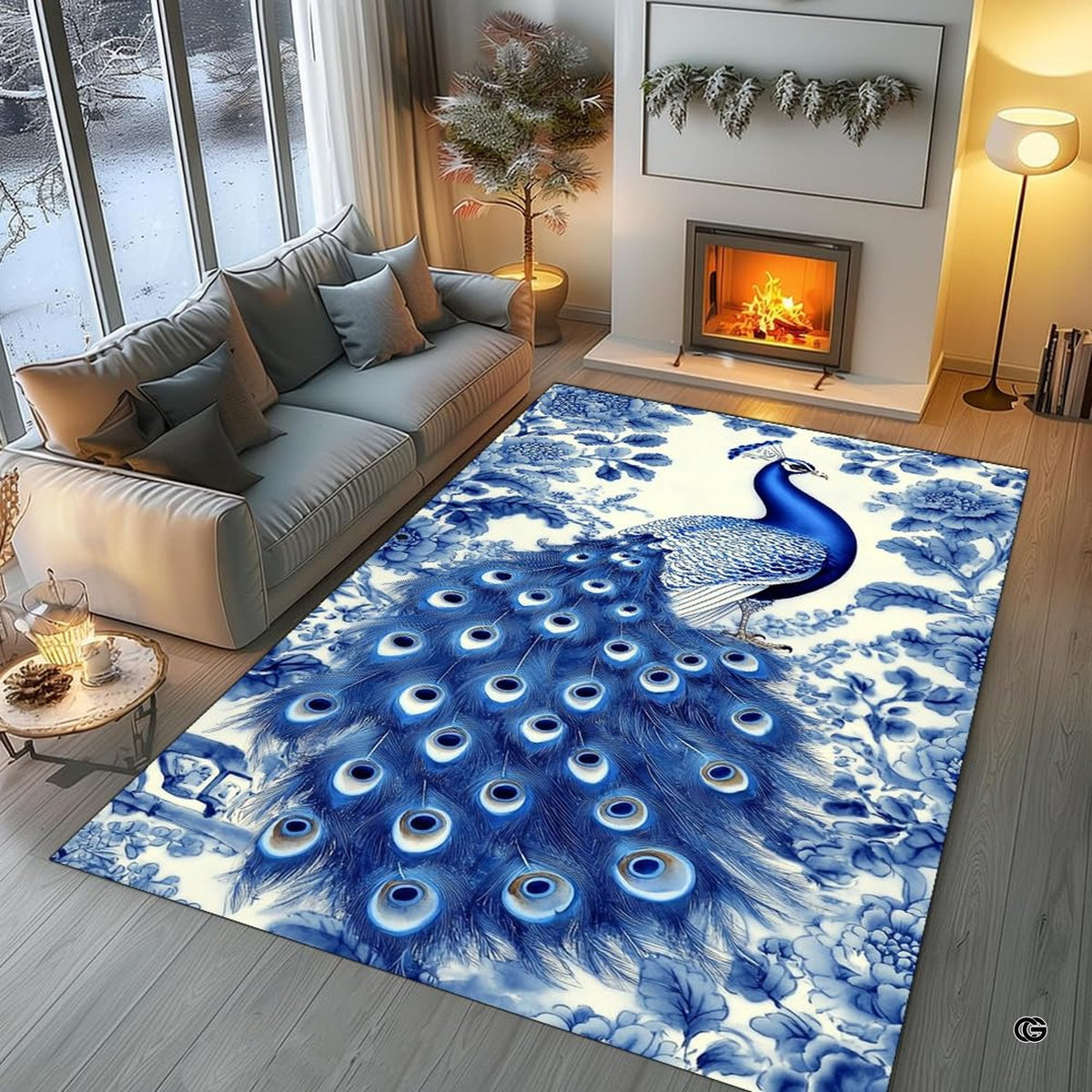 Dining room layout displaying the chinoiserie peacock rug centered on flooring - image 5 of 8