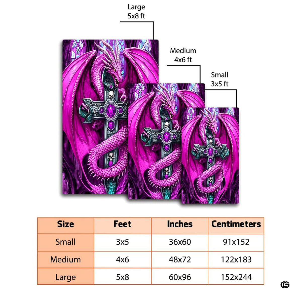 Overhead layout view of the rectangular gothic magenta dragon fantasy area rug