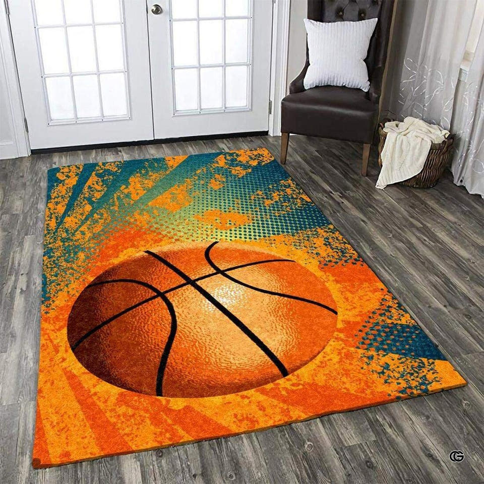 Textured basketball graphic with orange and teal streaks on dynamic sports themed rugs.