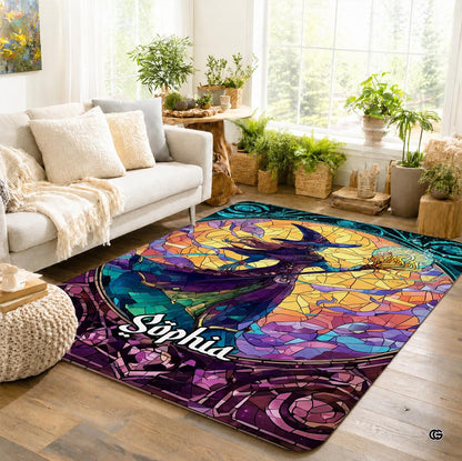Personalized Witch Area Rug with Name - Custom Halloween Rug, Black Cat & Raven Floor Carpet, Spooky Gothic Home Decor, Non Slip Rugs (Style 2)