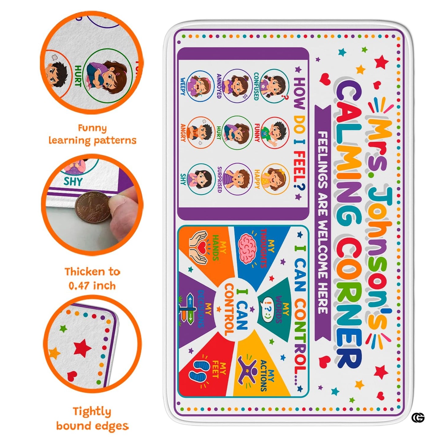 Personalized Calming Corner Rug for Classroom, Custom Teacher Name Reading Corner Rug, Emotions Feelings Carpet, Soft Fluffy Calm Corner Decor for School Reading Nook (Calming Corner Feeling)