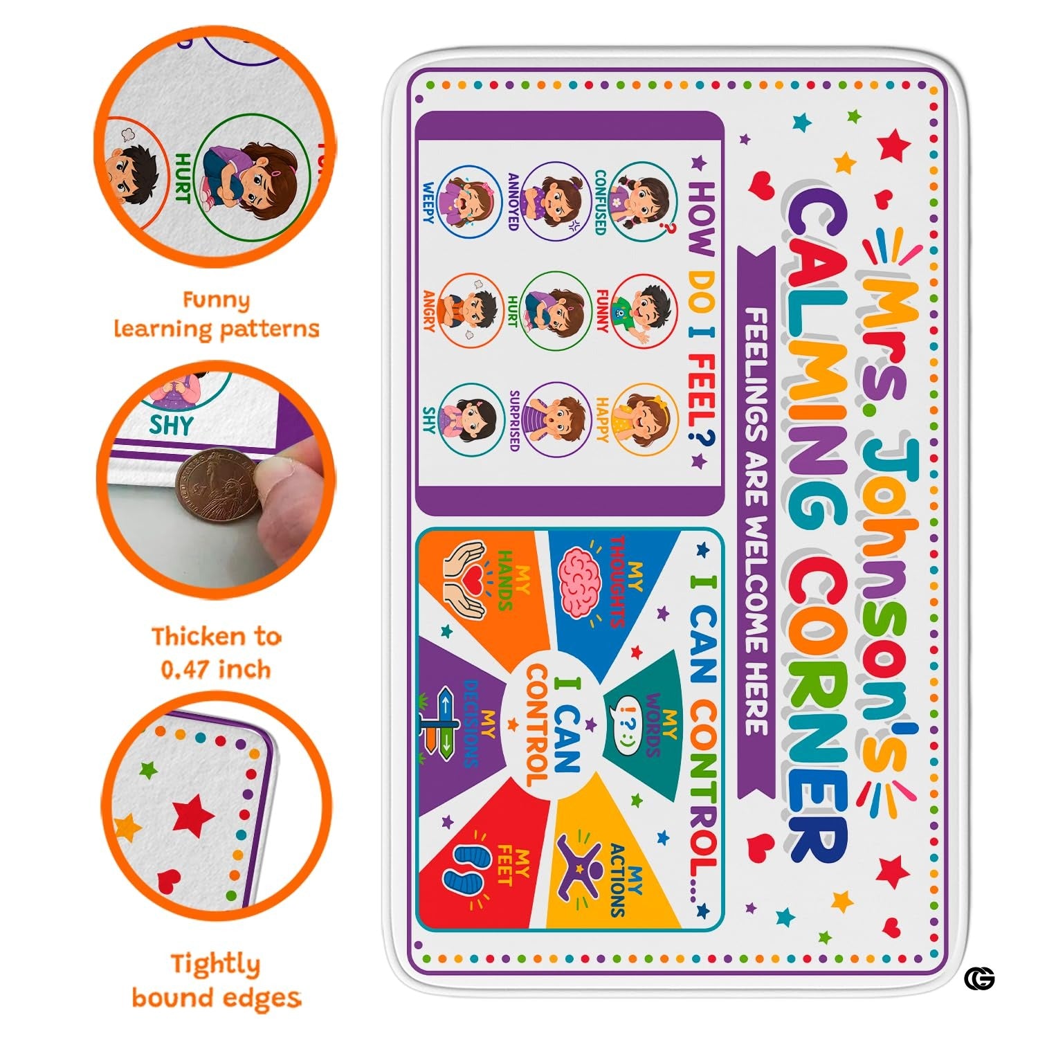 Personalized Calming Corner Rug for Classroom, Custom Teacher Name Reading Corner Rug, Emotions Feelings Carpet, Soft Fluffy Calm Corner Decor for School Reading Nook (Calming Corner Feeling)