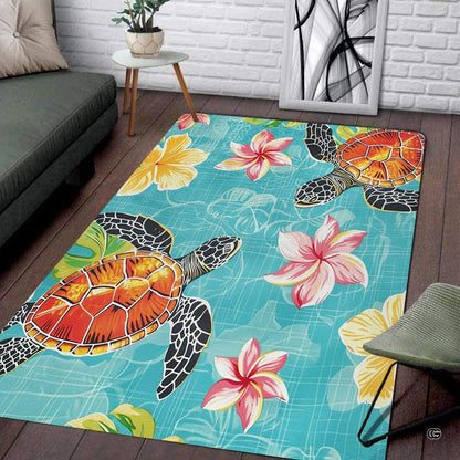 Tropical plumeria floral sea turtle illustration rectangular area rug. - thumbnail image 1 of 7