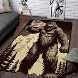 Bigfoot holding the American flag on a boho style area rug with alpine mountain woodcut art.