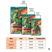 Emerald green and orange winged dragon perched on antique storybooks against a sky of pastel clouds area rug. - thumbnail image 2 of 6