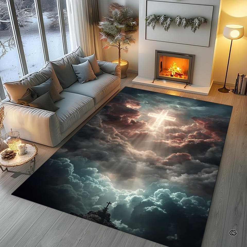 Living room setting featuring radiant cloud cross area rug positioned on wooden flooring before lit fireplace.