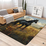 Galloping black stallion area rug styled on hardwood flooring in living room. - thumbnail image 4 of 5