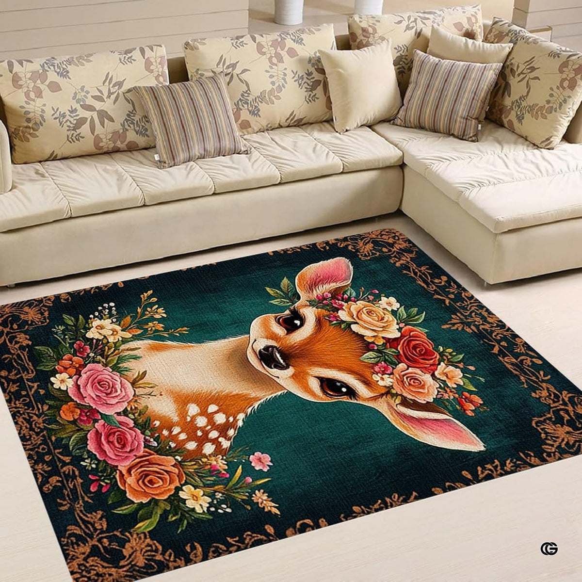 Infographic detailing the anti-slip dotted backing and durable edge stitching of the rug