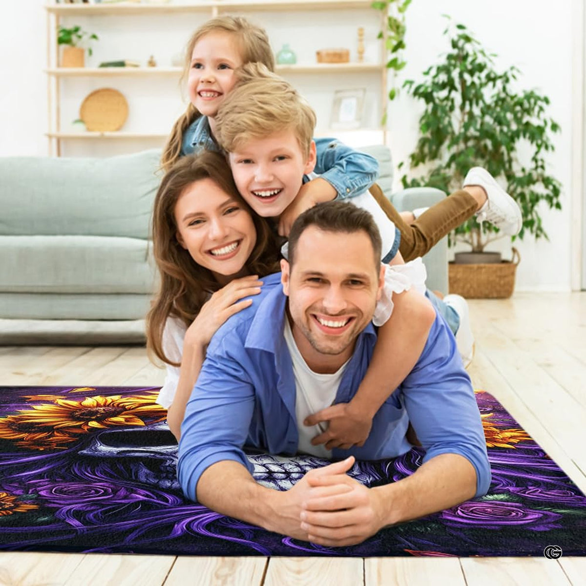 Lifestyle living room scene featuring family lounging on gothic skull area rug. - image 5 of 7