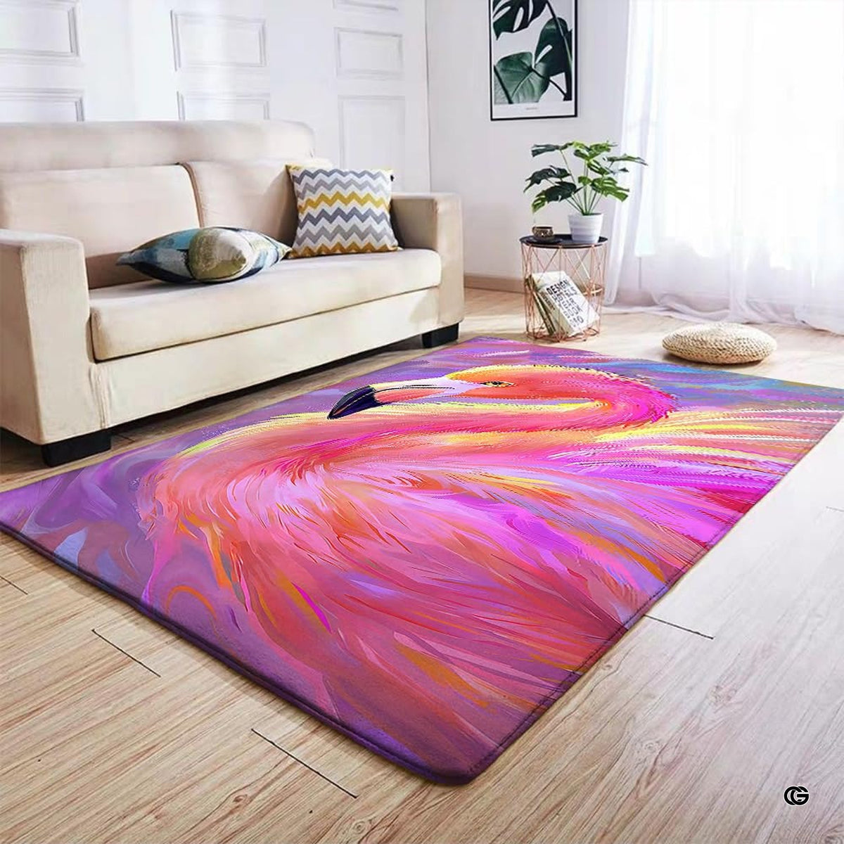 Vibrant flamingo profile floor rug serving as an artistic focal point in a contemporary interior room. - image 5 of 7
