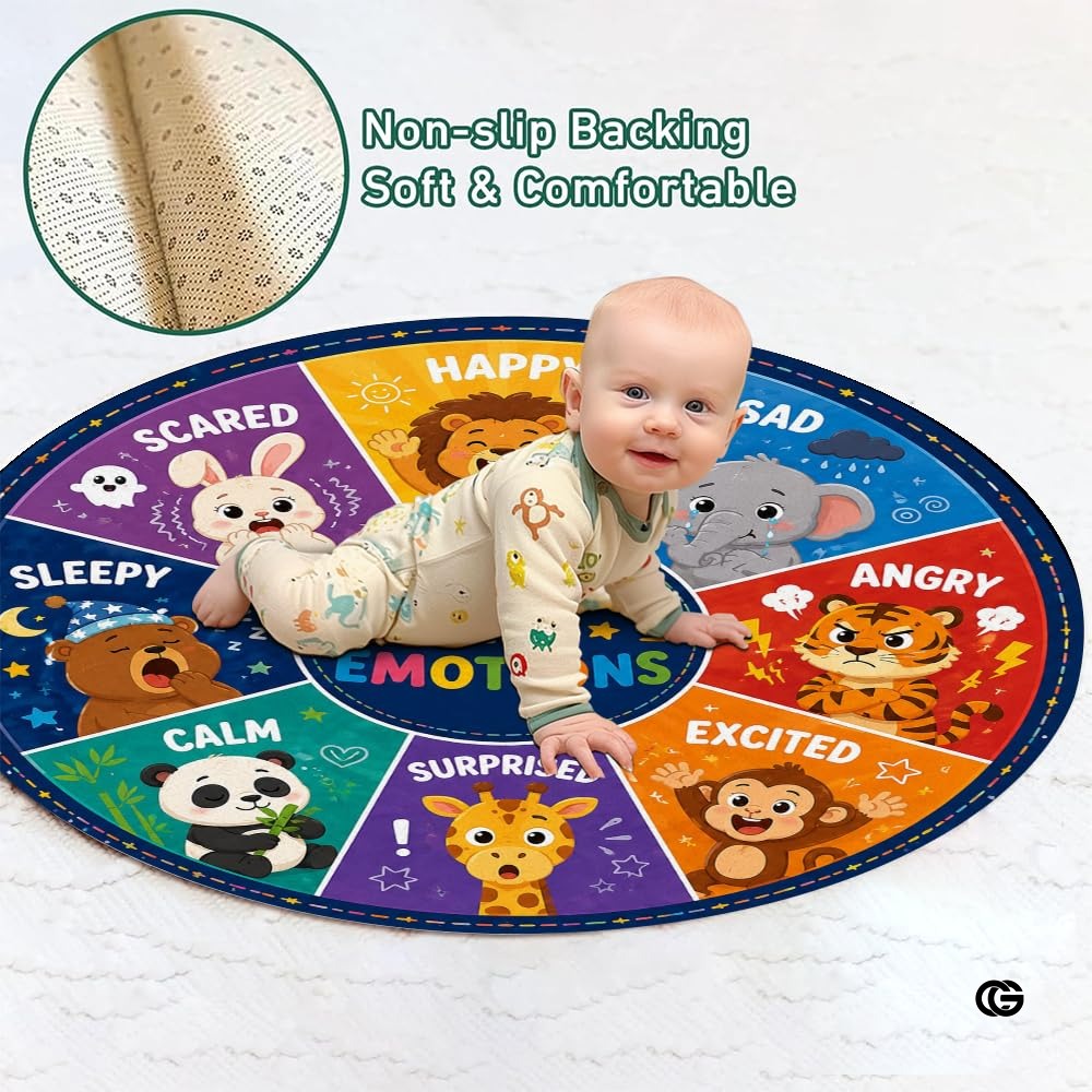 Wheel of Feelings and Emotions Round Rug, Educational Mental Health Rug for Classroom, Educational Animal Shape School Mat, Back to School Gift (Feeling 3)