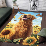Living room setup with hardwood floor and white brick wall showcasing golden retriever sunflower butterfly area rug