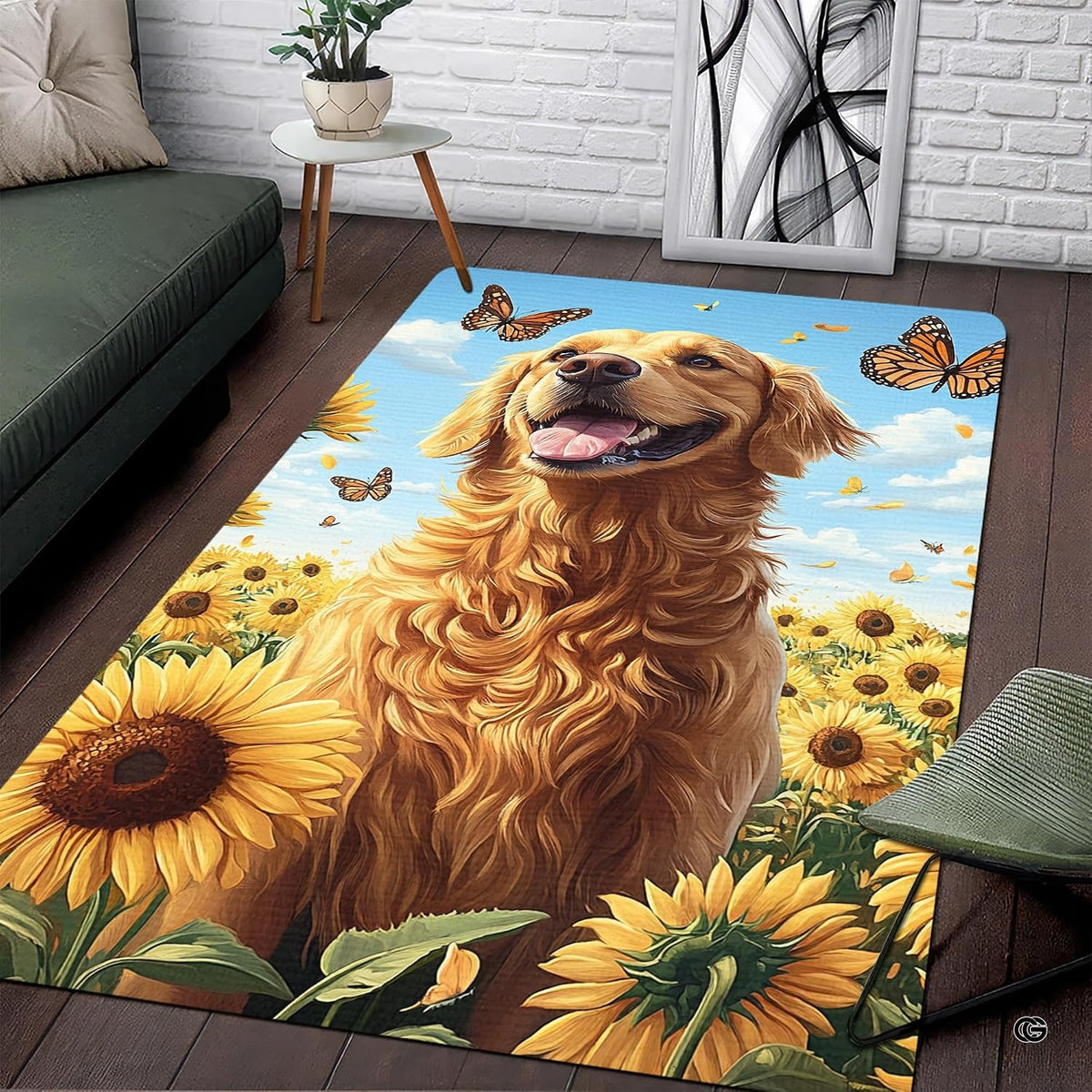 Living room setup with hardwood floor and white brick wall showcasing golden retriever sunflower butterfly area rug - image 1 of 5