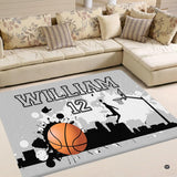 Custom city basketball dunk living room area rug with skyline silhouette and athletic personalization banner