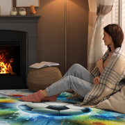 Full room styling showing dynamic soccer explosion watercolor rug accentuating modern living space. - thumbnail image 8 of 8