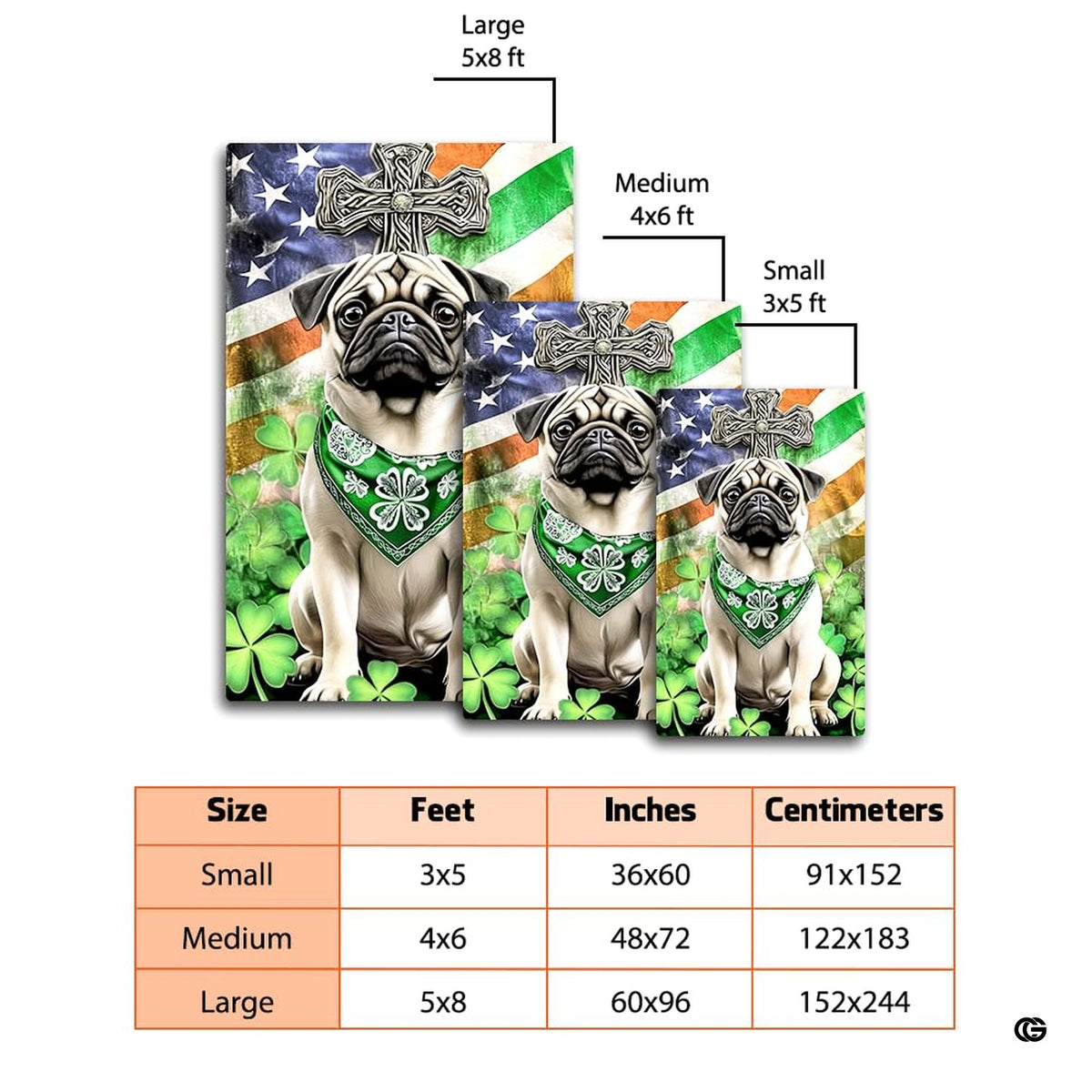 Dimensions and sizing chart for Irish pug shamrock Celtic cross living room area rug