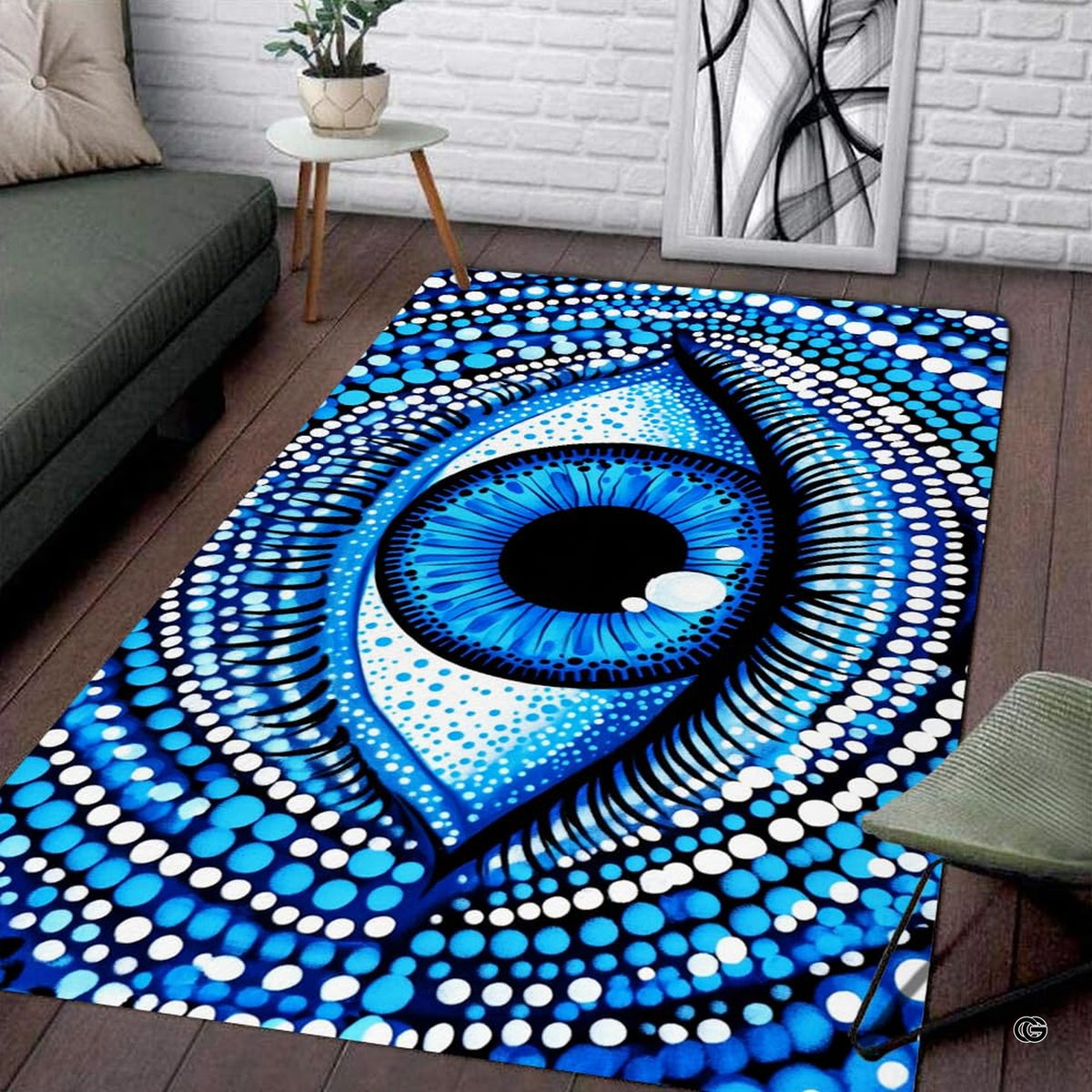 Living room setup with couch and white brick wall showcasing dotted blue evil eye area rug