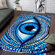 Living room setup with couch and white brick wall showcasing dotted blue evil eye area rug - thumbnail image 1 of 8