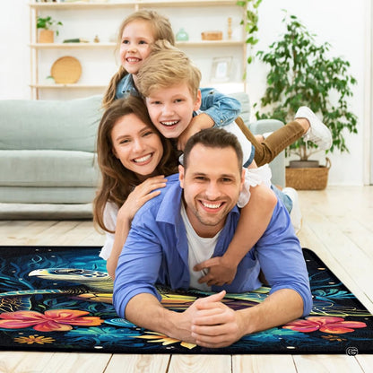 Bright sunroom setting with the tropical sea turtle area rug centered on wooden flooring - thumbnail image 5 of 7